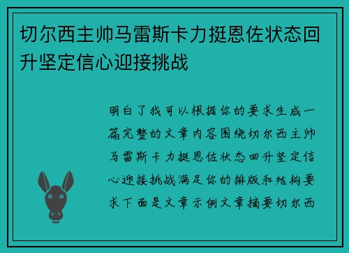 切尔西主帅马雷斯卡力挺恩佐状态回升坚定信心迎接挑战